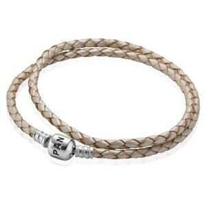 PANDORA (15.3") Double Champagne White Leather Bracelet Authentic Woven Silver